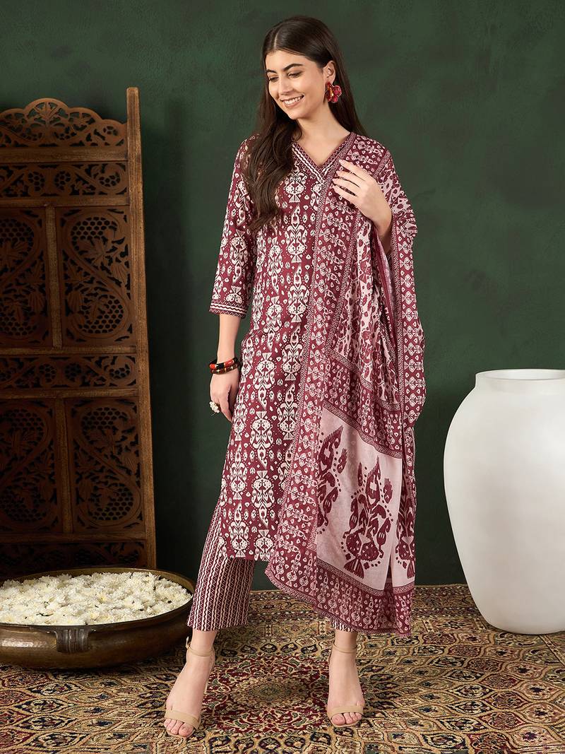 Maroon printed rayon stitched readymade suit