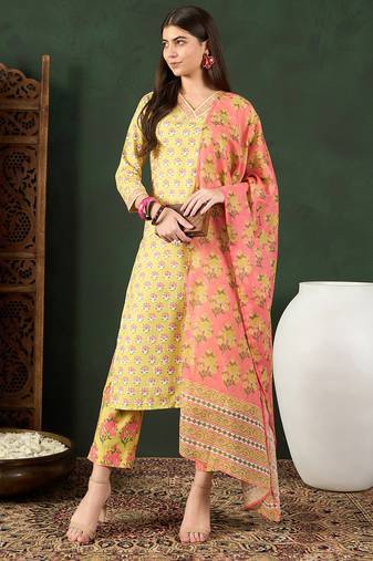 Yellow printed rayon stitched readymade suit