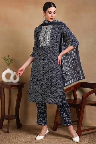 Navy blue printed viscose rayon stitched readymade suit