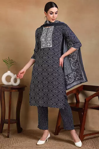 Navy blue printed viscose rayon stitched readymade suit