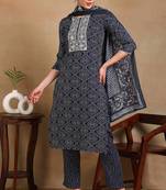Navy blue printed viscose rayon stitched readymade suit