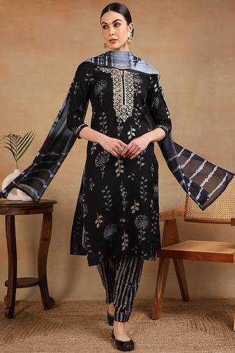 Black printed blended cotton stitched readymade suit