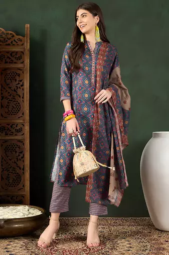 Blue printed rayon stitched readymade suit