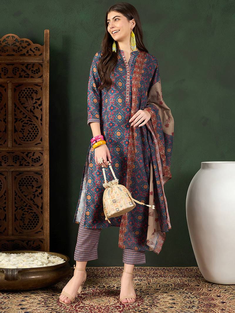 Blue printed rayon stitched readymade suit