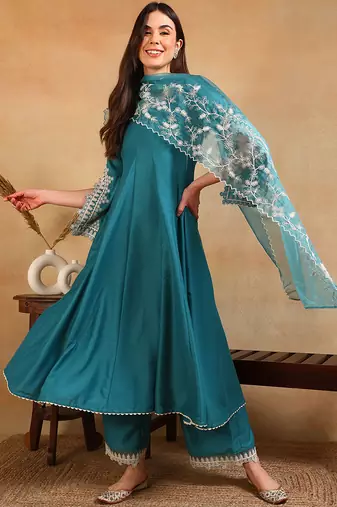 Blue embroidered silk blend stitched readymade suit