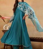Blue embroidered silk blend stitched readymade suit