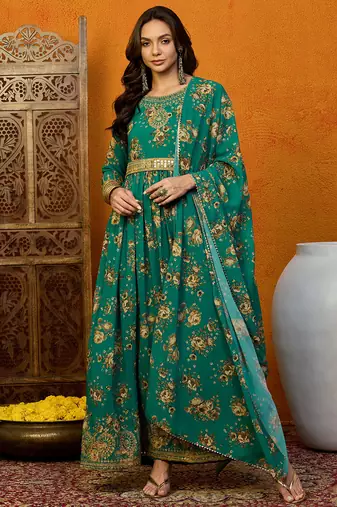 Green printed georgette stitched readymade suit