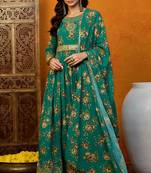 Green printed georgette stitched readymade suit