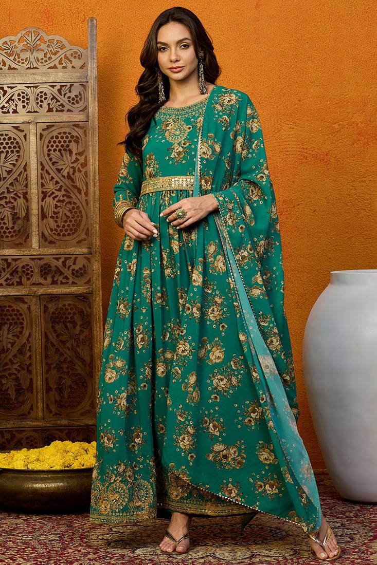 Green printed georgette stitched readymade suit