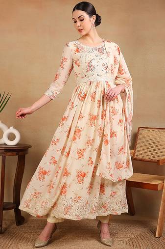 Off white printed georgette stitched readymade suit