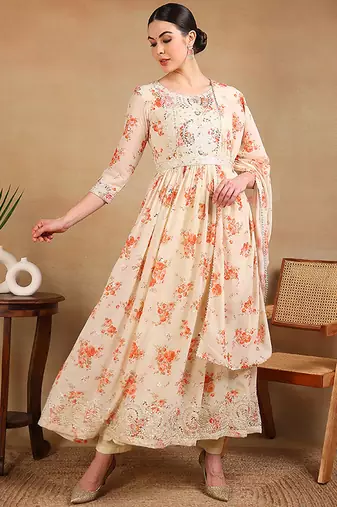 Off white printed georgette stitched readymade suit