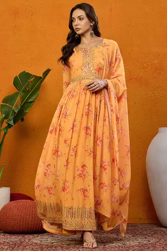 Orange printed georgette stitched readymade suit