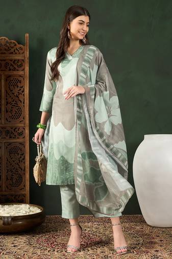 Green printed silk blend stitched readymade suit