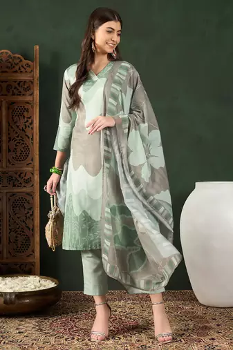 Green printed silk blend stitched readymade suit
