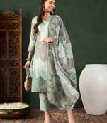 Green printed silk blend stitched readymade suit