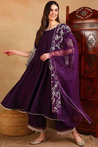 Purple embroidered silk blend stitched readymade suit