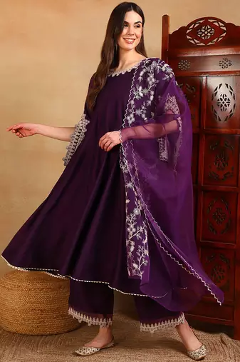Purple embroidered silk blend stitched readymade suit
