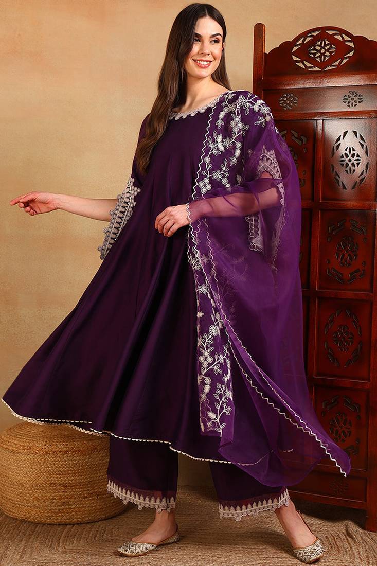 Purple embroidered silk blend stitched readymade suit