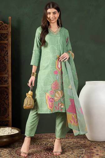 Green printed silk blend stitched readymade suit