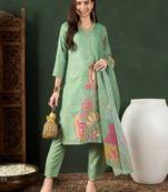 Green printed silk blend stitched readymade suit