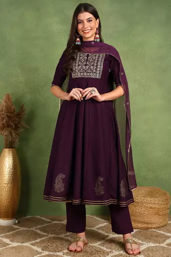 Purple embroidered silk blend stitched readymade suit