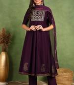 Purple embroidered silk blend stitched readymade suit
