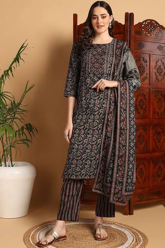 Black printed pure cotton stitched readymade suit