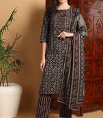 Black printed pure cotton stitched readymade suit