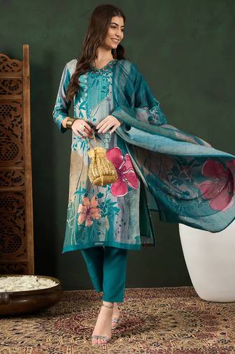 Teal printed silk blend stitched readymade suit