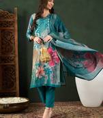 Teal printed silk blend stitched readymade suit
