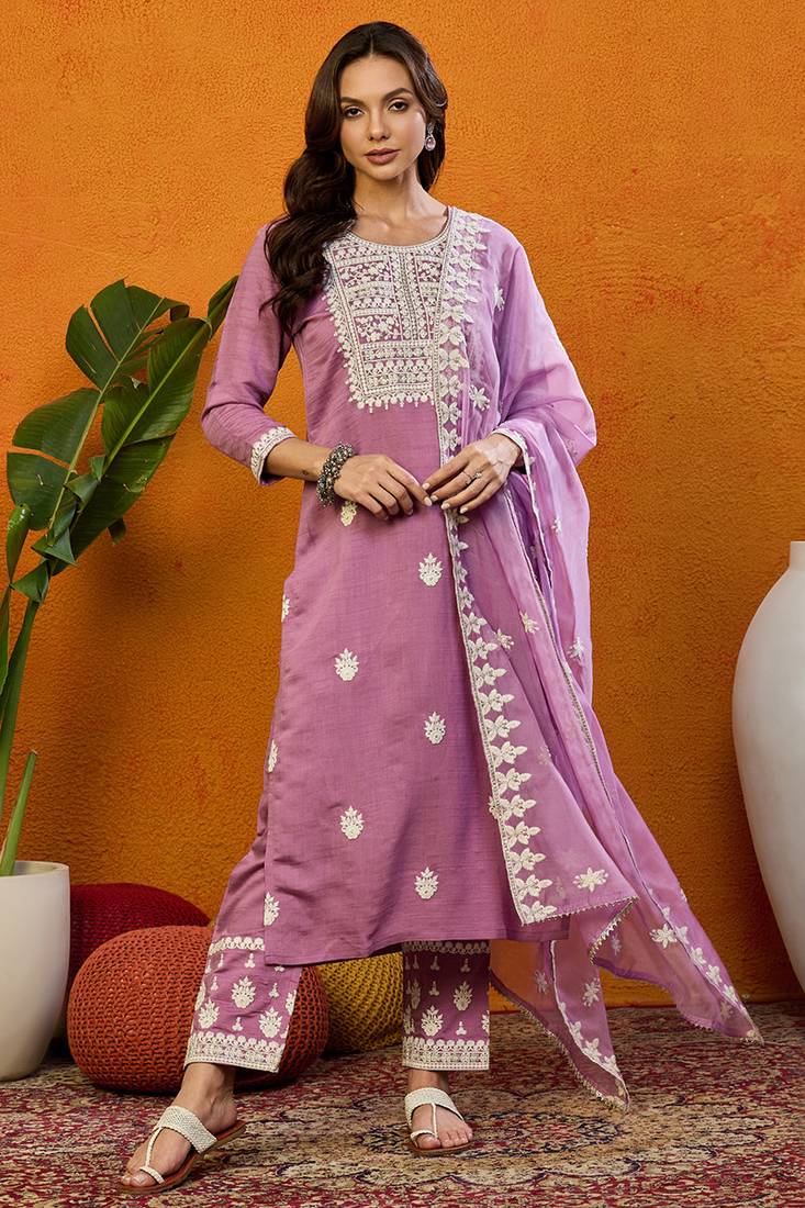 Pink embroidered silk blend stitched readymade suit