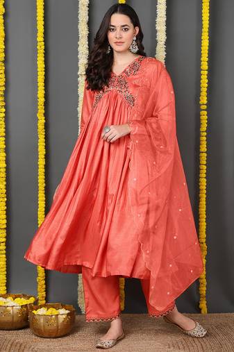 Orange embroidered silk blend stitched readymade suit