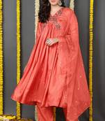 Orange embroidered silk blend stitched readymade suit