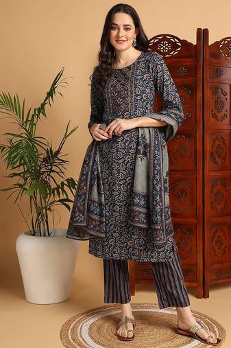 Blue printed pure cotton stitched readymade suit