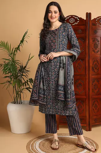 Blue printed pure cotton stitched readymade suit