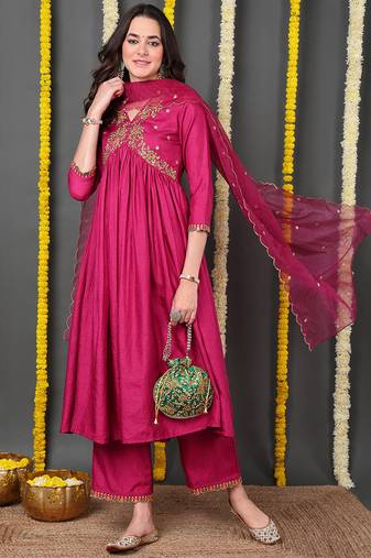 Pink embroidered silk blend stitched readymade suit