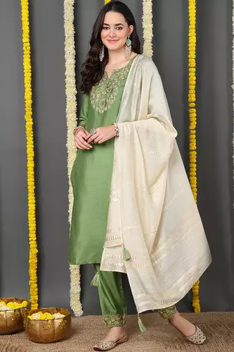 Green embroidered silk blend stitched readymade suit