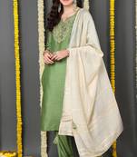 Green embroidered silk blend stitched readymade suit