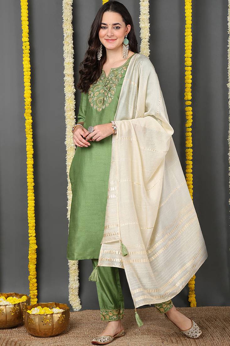 Green embroidered silk blend stitched readymade suit