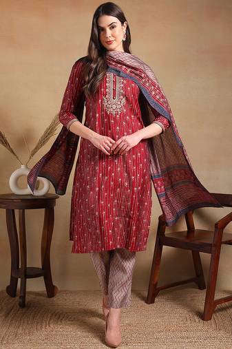 Maroon embroidered silk blend stitched readymade suit