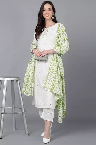 Green embroidered rayon stitched readymade suit