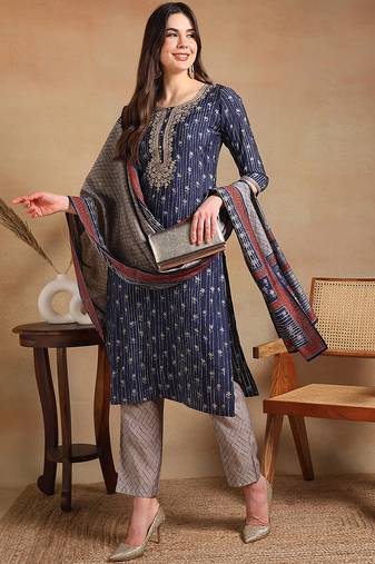 Navy blue embroidered silk blend stitched readymade suit