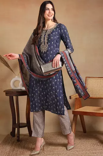 Navy blue embroidered silk blend stitched readymade suit