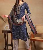 Navy blue embroidered silk blend stitched readymade suit