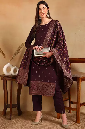 Burgundy woven chanderi stitched readymade suit