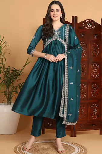 Green embroidered silk blend stitched readymade suit