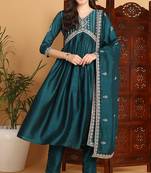Green embroidered silk blend stitched readymade suit