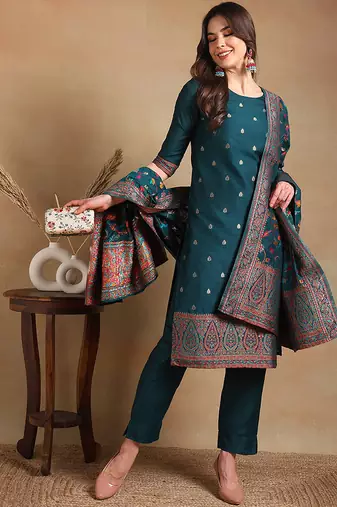 Teal woven chanderi stitched readymade suit