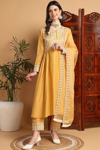 Yellow embroidered silk blend stitched readymade suit