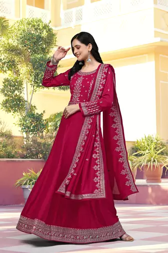 Trendmalls Pink Silk Anarkali Suit Embroidery Kurta Pant with Dupatta Kurta Set for Women